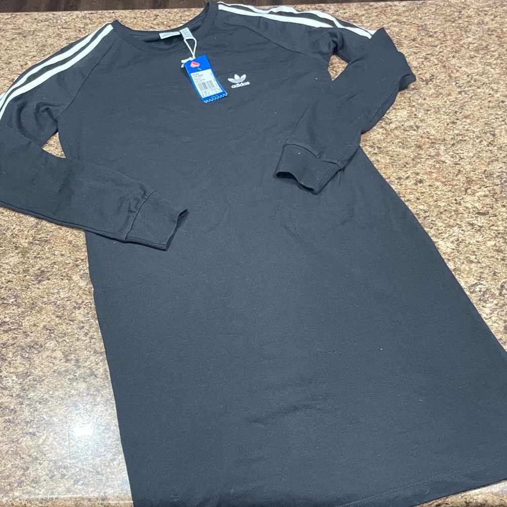 NWT Adidas Black Long Sleeve Dress With Stripes Large